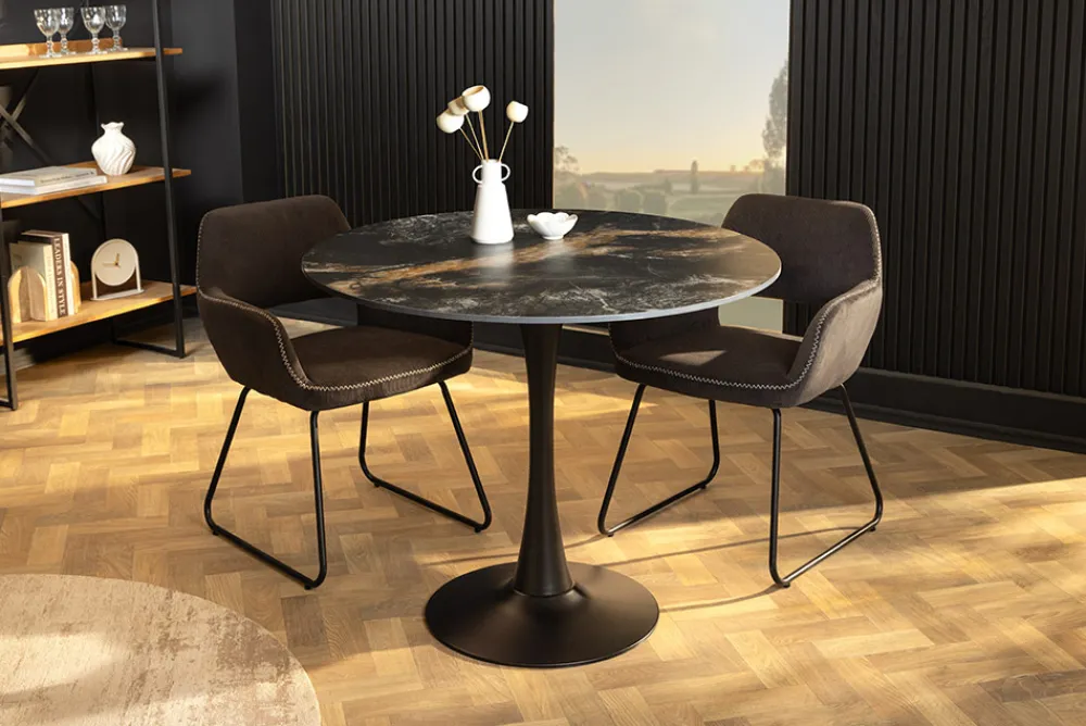 Riess-Ambiente Esstische > Runder Esstisch LYON 80cm schwarz gold sand Aurora Oro Keramik Bistrotisch Säulenfuß