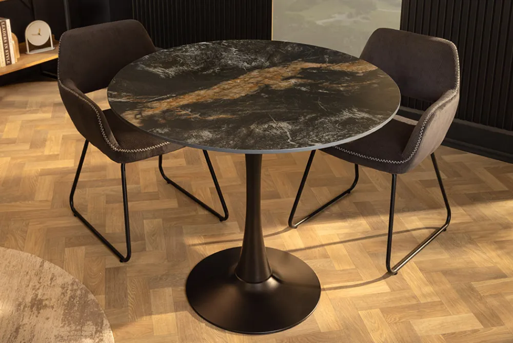 Riess-Ambiente Esstische > Runder Esstisch LYON 80cm schwarz gold sand Aurora Oro Keramik Bistrotisch Säulenfuß