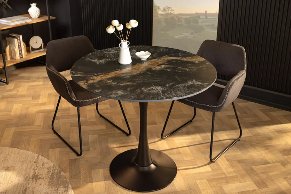 Riess-Ambiente Esstische > Runder Esstisch LYON 80cm schwarz gold sand Aurora Oro Keramik Bistrotisch Säulenfuß
