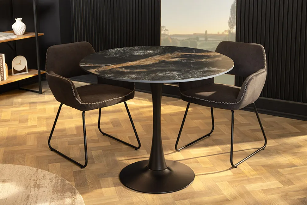 Riess-Ambiente Esstische > Runder Esstisch LYON 80cm schwarz gold sand Aurora Oro Keramik Bistrotisch Säulenfuß