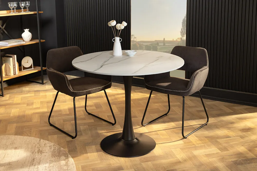 Riess-Ambiente Esstische > Runder Esstisch LYON 80cm weiß Marmor Keramik Bistrotisch schwarzer Säulenfuß