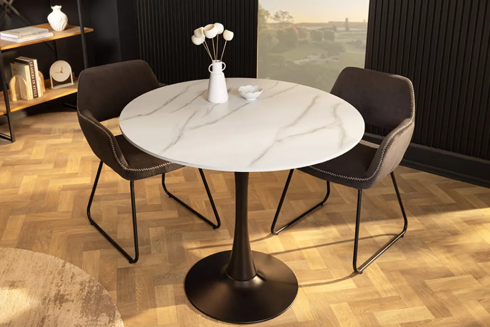 Riess-Ambiente Esstische > Runder Esstisch LYON 80cm weiß Marmor Keramik Bistrotisch schwarzer Säulenfuß