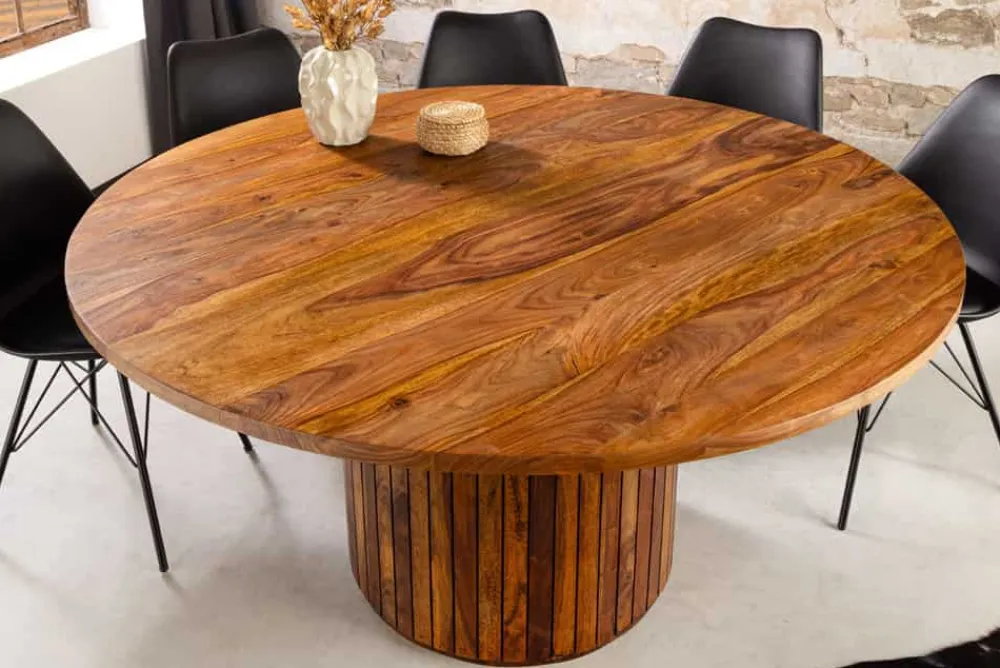 Riess-Ambiente Mehr...|Massivholzesstische > Runder Esstisch TRES CHIC 140cm braun Sheeshamholz stone finish massiv mit Säulenfuß