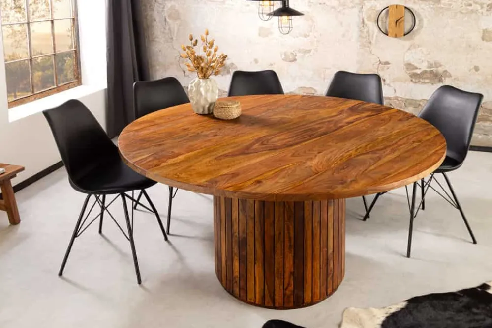 Riess-Ambiente Mehr...|Massivholzesstische > Runder Esstisch TRES CHIC 120cm braun Sheeshamholz stone finish massiv mit Säulenfuß