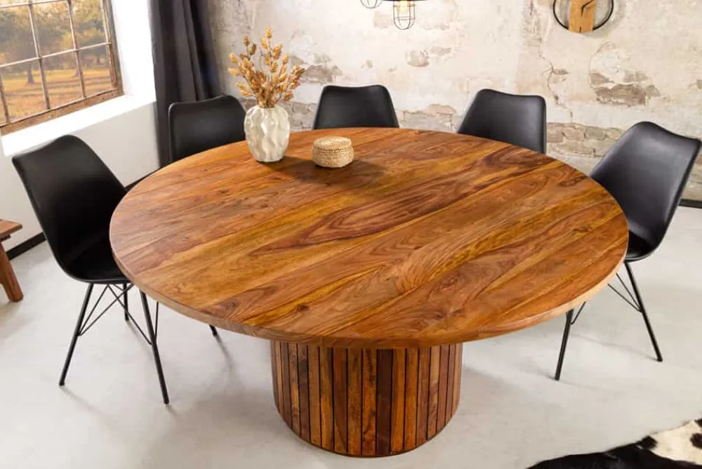Riess-Ambiente Mehr...|Massivholzesstische > Runder Esstisch TRES CHIC 120cm braun Sheeshamholz stone finish massiv mit Säulenfuß