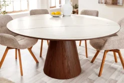 Riess-Ambiente Esstische > Runder Esstisch UNIQUE 120cm weiß braun Walnussholz Keramik Marmor Säulenfuß