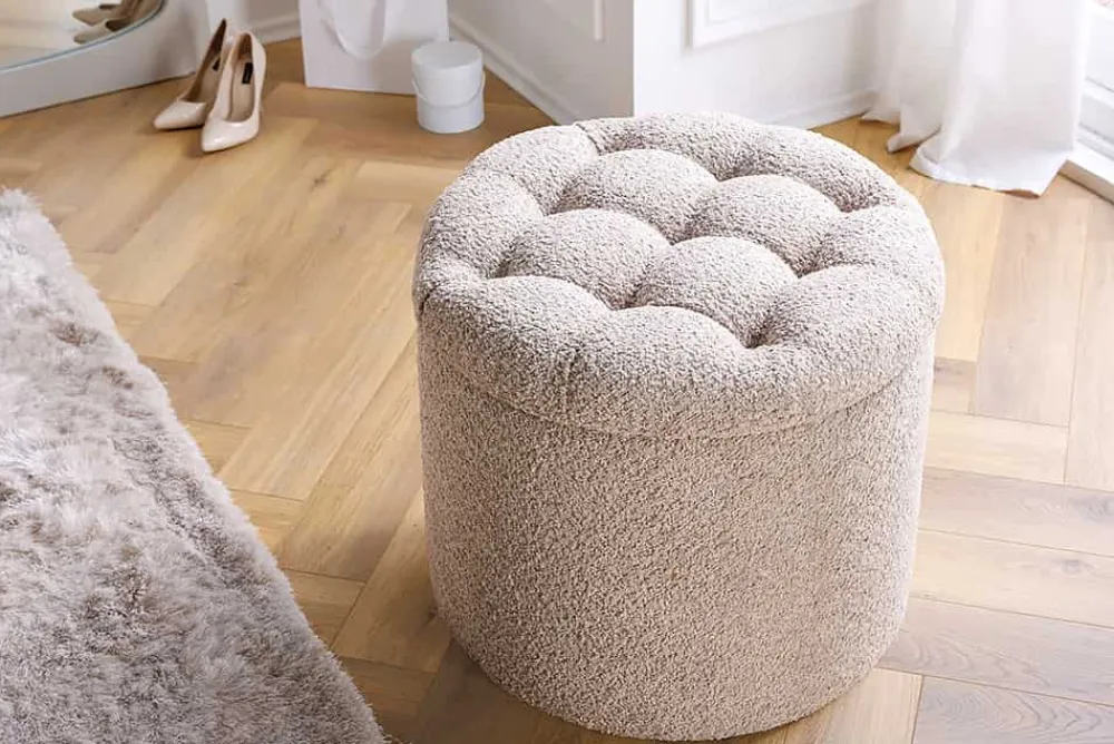 Riess-Ambiente Skandinavisch|Sitzhocker > Runder Hocker MODERN BAROCK 50cm champagner Bouclé mit Stauraum