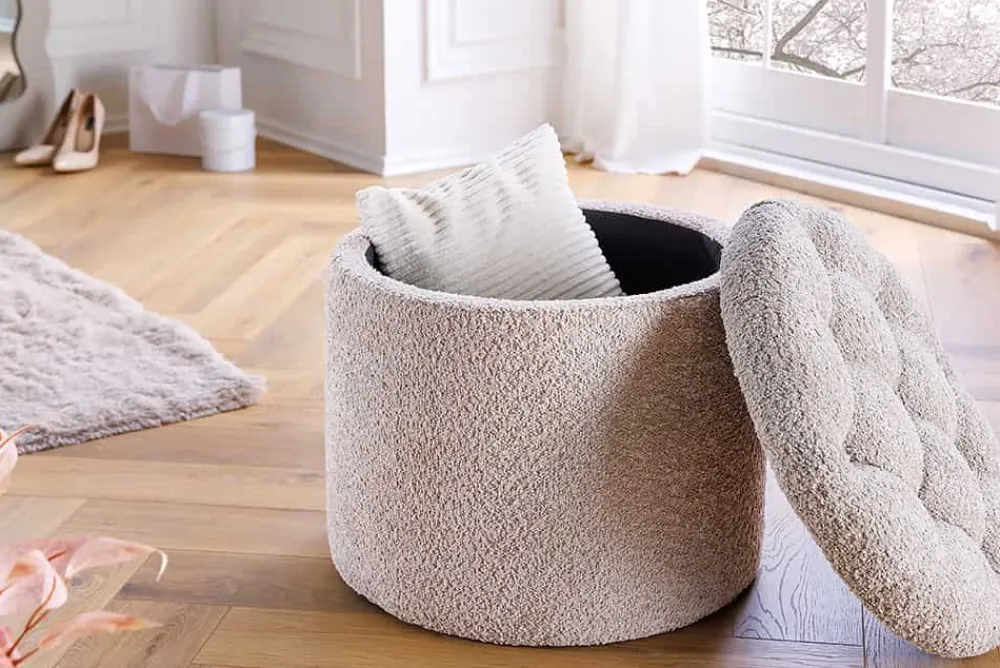 Riess-Ambiente Skandinavisch|Sitzhocker > Runder Hocker MODERN BAROCK 50cm champagner Bouclé mit Stauraum