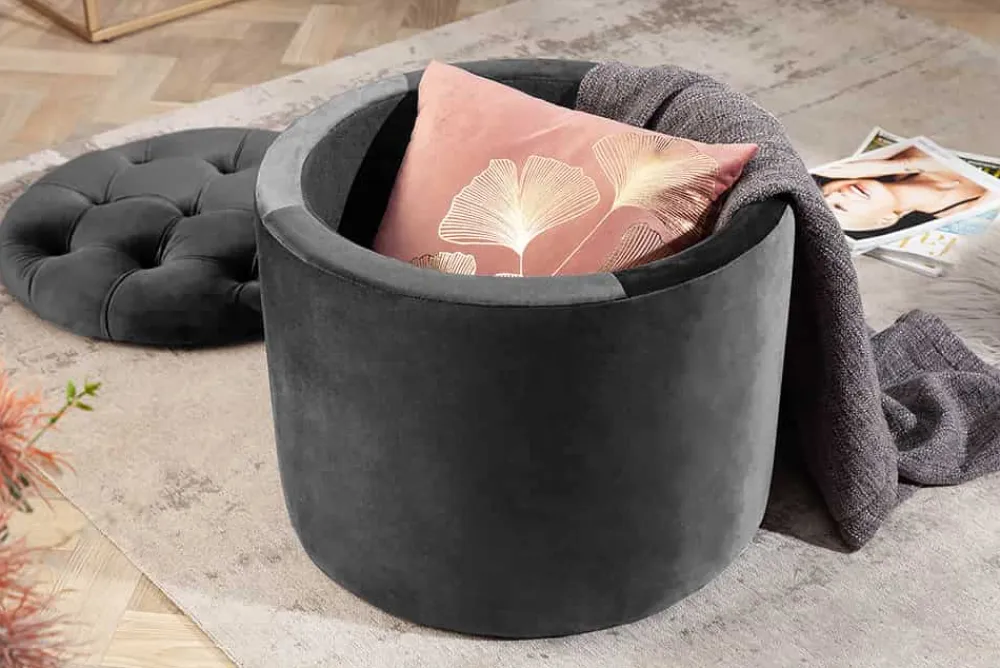Riess-Ambiente Sitzhocker|Samt Möbel > Runder Hocker MODERN BAROCK 50cm grau Samt mit Stauraum
