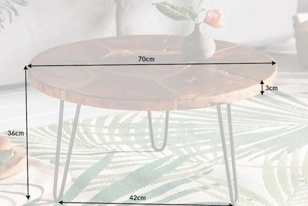 Riess-Ambiente Couchtische & Truhen|Mehr... > Runder Massivholz Couchtisch MOSAIK 70cm natur Teak Hairpin Legs schwarz Metall handmade