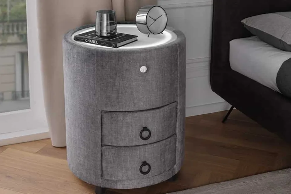 Riess-Ambiente Samt Möbel|Retro Möbel > Runder Nachttisch SIGNUM 55cm grau Vogue Seiden Samtstoff inkl. Beleuchtung Schubladen