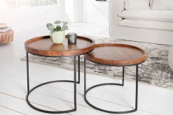 Riess-Ambiente Mehr...|Couchtische > Rundes 2er Set Beistelltische ELEMENTS 55cm Akazie stone finish Metall schwarz