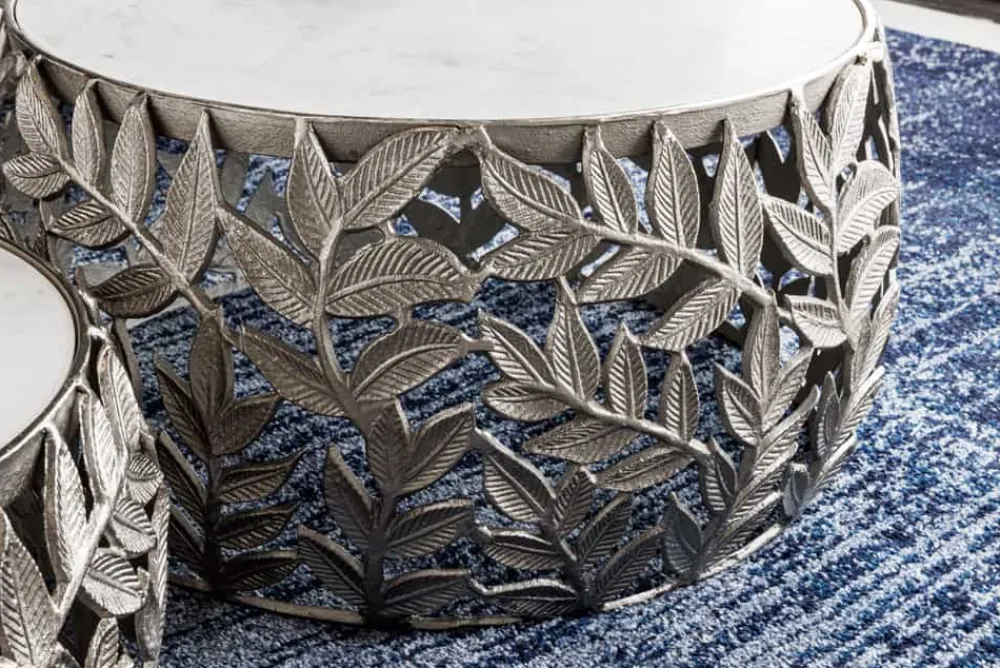 Riess-Ambiente Couchtische & Truhen > Rundes 2er Set Couchtische ABSTRACT LEAF 70cm weiß silber Marmor Metall Blatt-Design