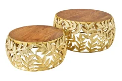 Riess-Ambiente Couchtische & Truhen > Rundes 2er Set Couchtische ABSTRACT LEAF 70cm natur gold Massivholz Akazie Metall Blatt-Design