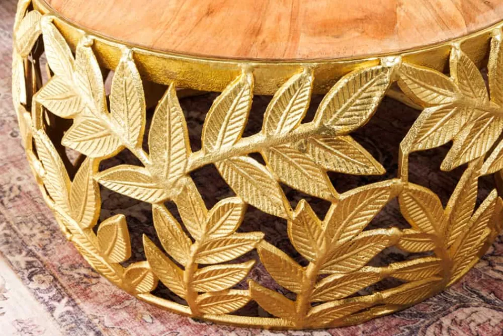 Riess-Ambiente Couchtische & Truhen > Rundes 2er Set Couchtische ABSTRACT LEAF 70cm natur gold Massivholz Akazie Metall Blatt-Design