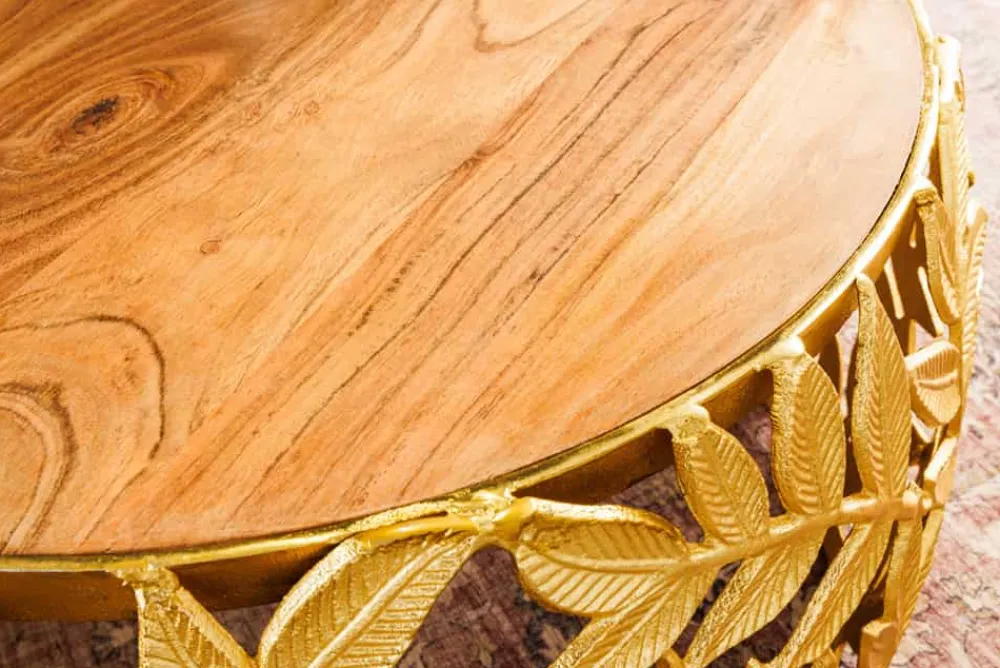 Riess-Ambiente Couchtische & Truhen > Rundes 2er Set Couchtische ABSTRACT LEAF 70cm natur gold Massivholz Akazie Metall Blatt-Design
