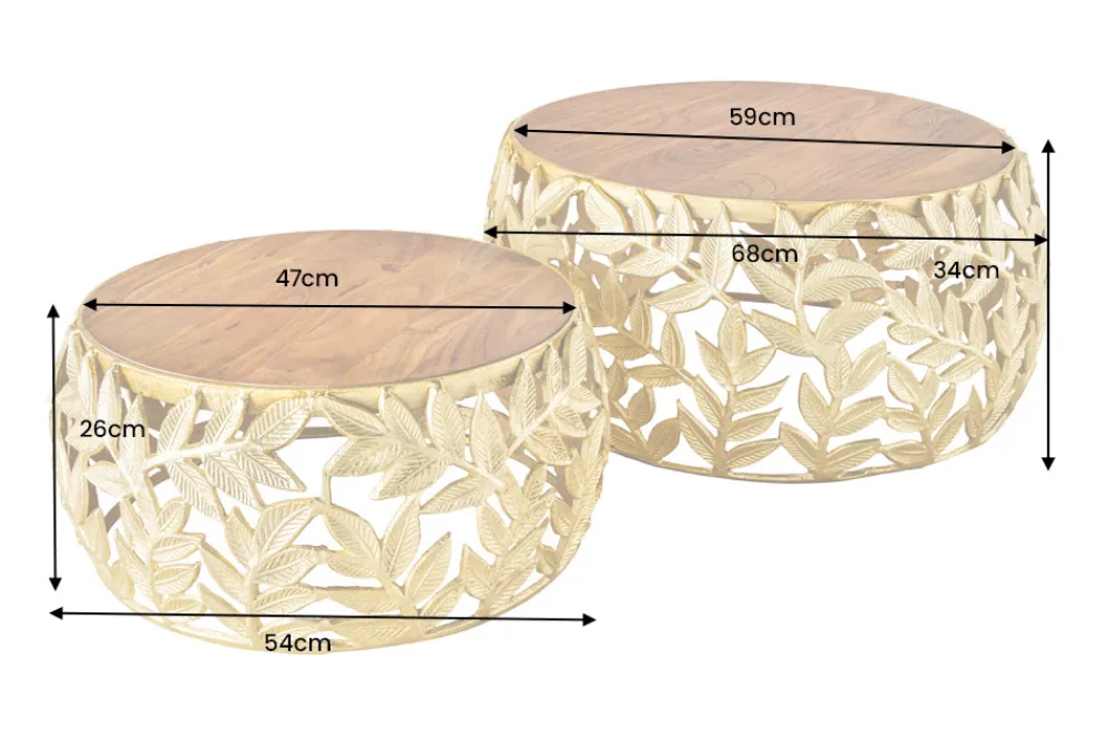 Riess-Ambiente Couchtische & Truhen > Rundes 2er Set Couchtische ABSTRACT LEAF 70cm natur gold Massivholz Akazie Metall Blatt-Design