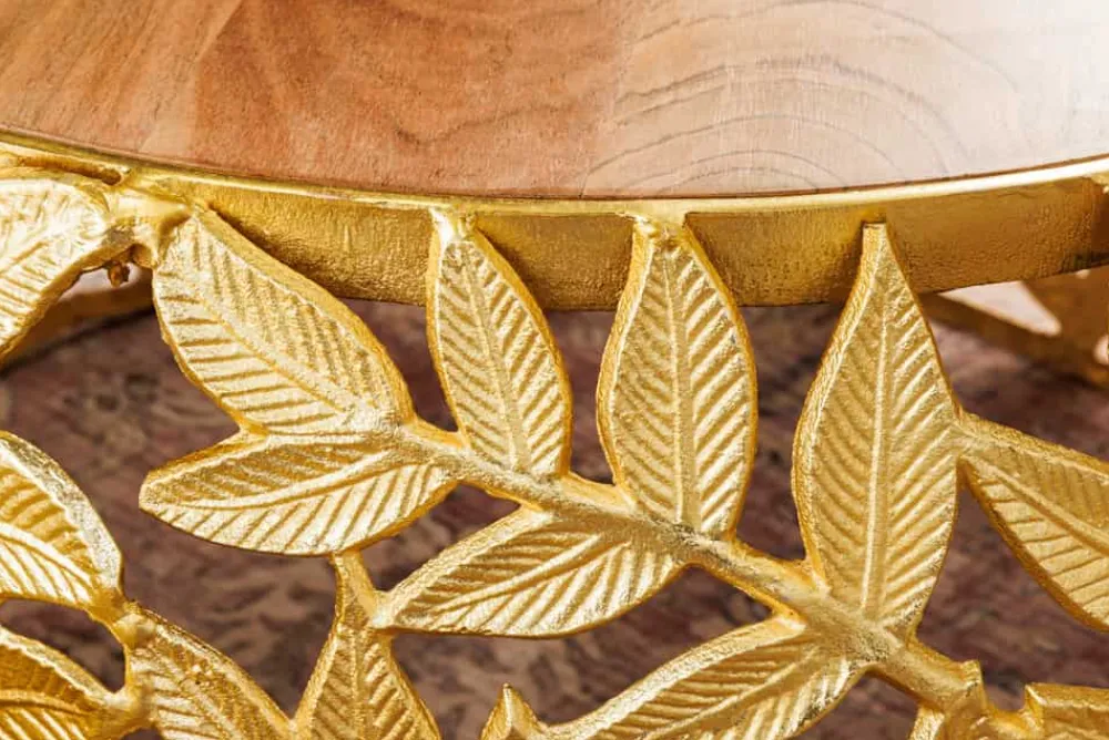Riess-Ambiente Couchtische & Truhen > Rundes 2er Set Couchtische ABSTRACT LEAF 70cm natur gold Massivholz Akazie Metall Blatt-Design