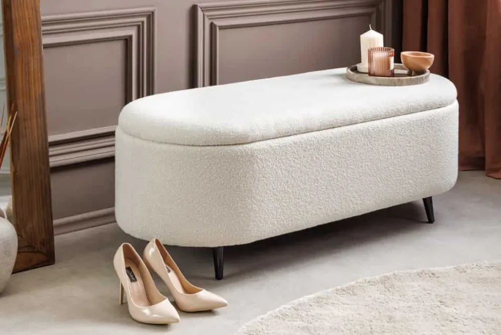 Riess-Ambiente Skandinavisch|Sitzbänke > Scandinavische Polsterbank VOGUE 110cm weiß Bouclé schwarz Sitzbank mit Stauraum