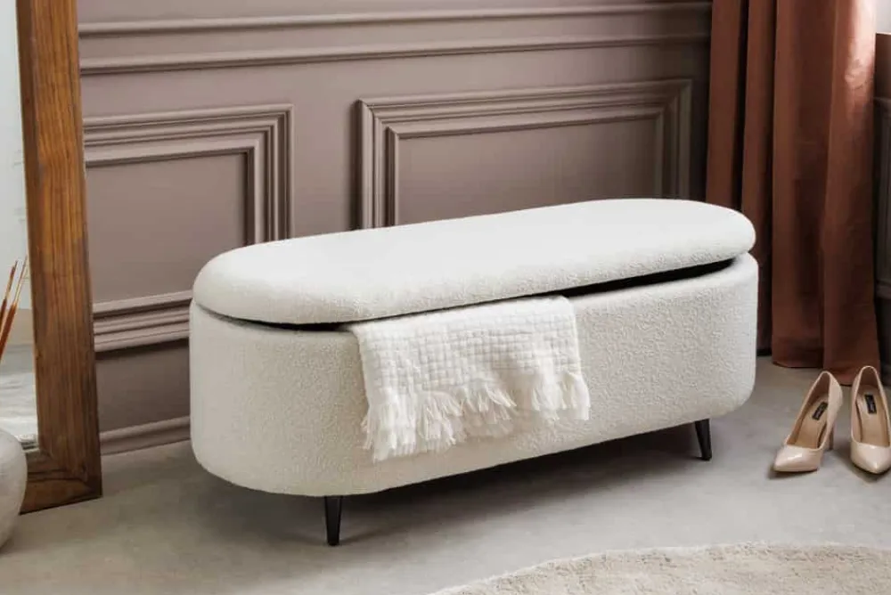 Riess-Ambiente Skandinavisch|Sitzbänke > Scandinavische Polsterbank VOGUE 110cm weiß Bouclé schwarz Sitzbank mit Stauraum