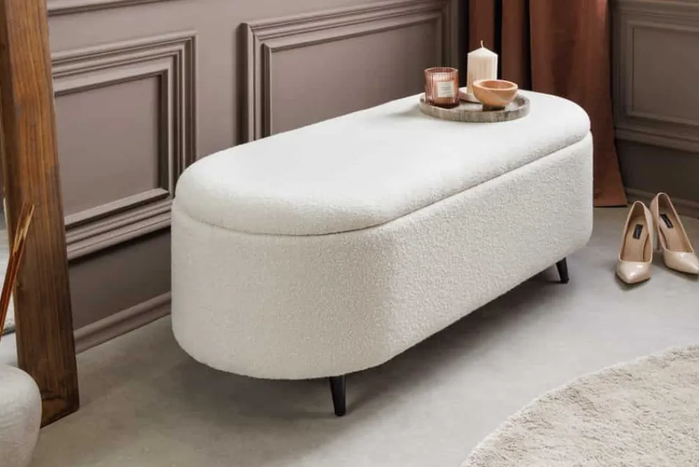 Riess-Ambiente Skandinavisch|Sitzbänke > Scandinavische Polsterbank VOGUE 110cm weiß Bouclé schwarz Sitzbank mit Stauraum