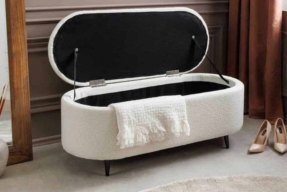 Riess-Ambiente Skandinavisch|Sitzbänke > Scandinavische Polsterbank VOGUE 110cm weiß Bouclé schwarz Sitzbank mit Stauraum