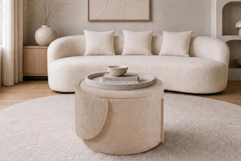 Riess-Ambiente Skandinavisch|Sessel > Sessel LUNA 65cm champagner greige Bouclé Polsterhocker mit klappbarer Rückenlehne und Stauraum