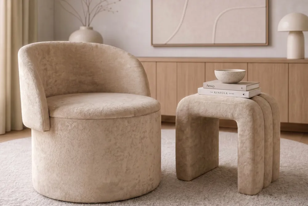 Riess-Ambiente Skandinavisch|Sessel > Sessel LUNA 65cm champagner greige Bouclé Polsterhocker mit klappbarer Rückenlehne und Stauraum