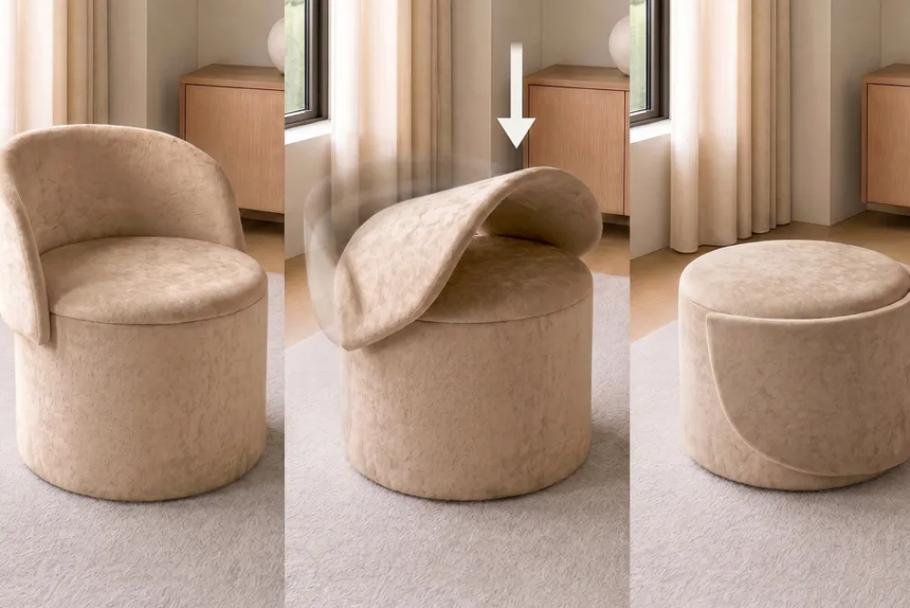 Riess-Ambiente Skandinavisch|Sessel > Sessel LUNA 65cm champagner greige Bouclé Polsterhocker mit klappbarer Rückenlehne und Stauraum