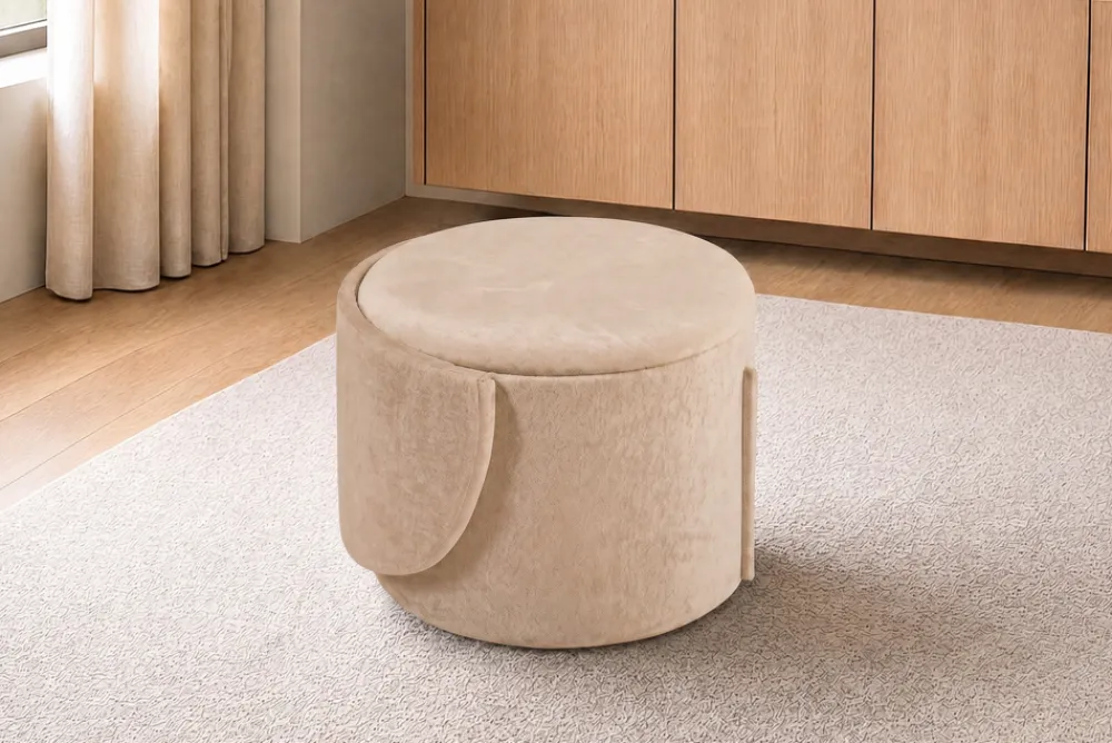 Riess-Ambiente Skandinavisch|Sessel > Sessel LUNA 65cm champagner greige Bouclé Polsterhocker mit klappbarer Rückenlehne und Stauraum
