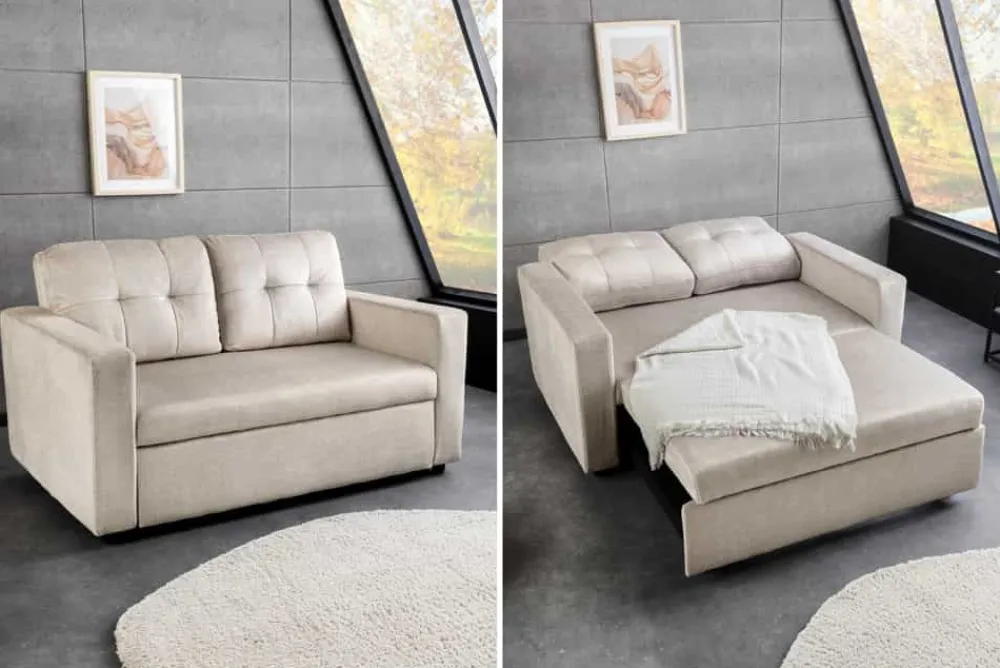 Riess-Ambiente 2-Sitzer Sofa|Skandinavisch > Sofa mit Schlaffunktion SMART 140cm champagner beige hochwertiger Vogue Seiden Samtstoff