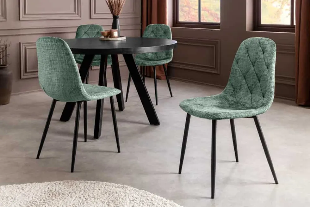 Riess-Ambiente Stühle > Stilvoller Stuhl GLAMM grün Chenille Cremona mit Rauten-Steppung schwarze Metallbeine