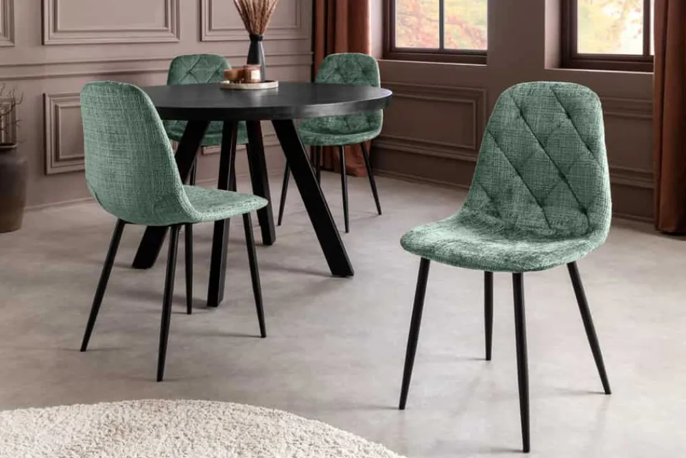 Riess-Ambiente Stühle > Stilvoller Stuhl GLAMM grün Chenille Cremona mit Rauten-Steppung schwarze Metallbeine