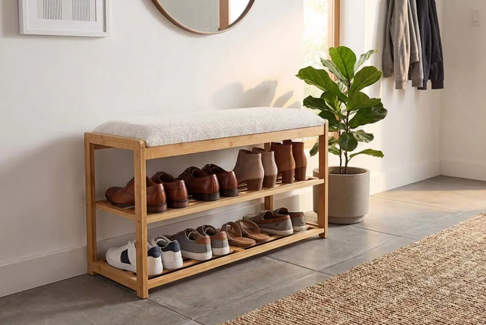 Riess-Ambiente Mehr...|Sitzbänke > Stilvolle Schuhbank ZEN-BO 80cm natur beige Bambus Regal Sitzbank mit Stauraum