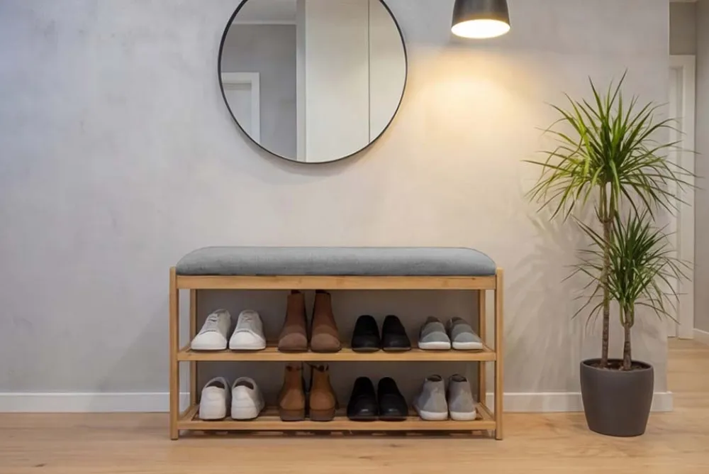 Riess-Ambiente Mehr...|Sitzbänke > Stilvolle Schuhbank ZEN-BO 80cm natur grau Bambus Regal Sitzbank mit Stauraum