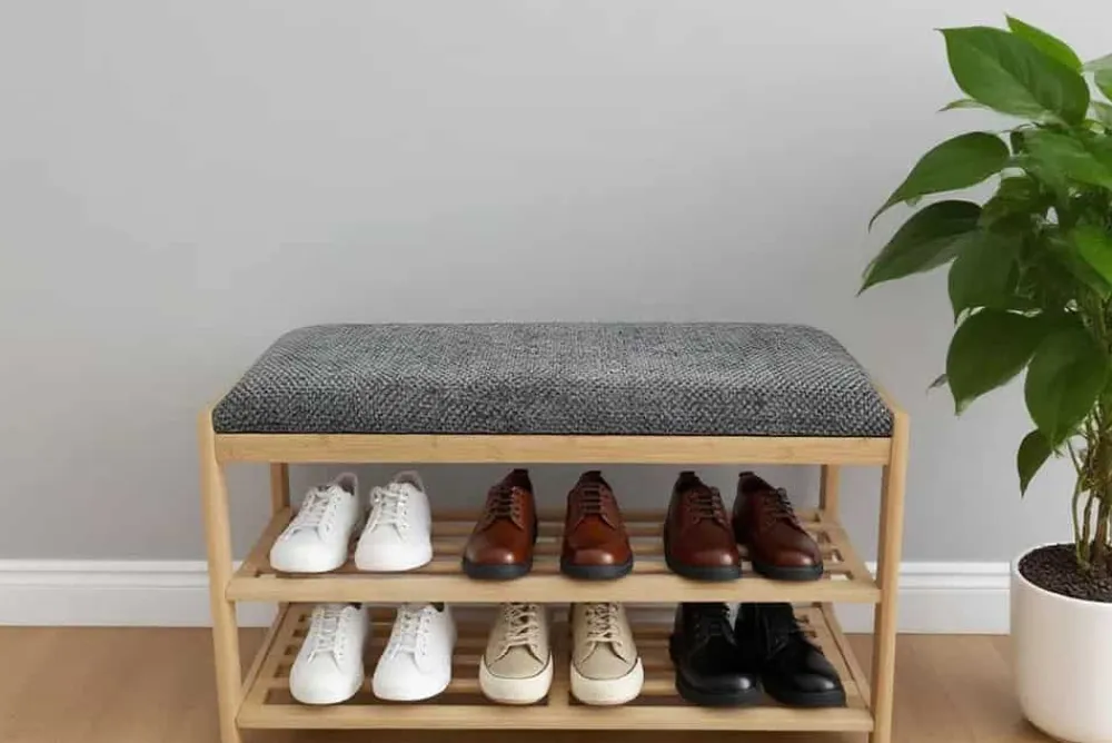 Riess-Ambiente Mehr...|Sitzbänke > Stilvolle Schuhbank ZEN-BO 80cm natur grau Bambus Regal Sitzbank mit Stauraum