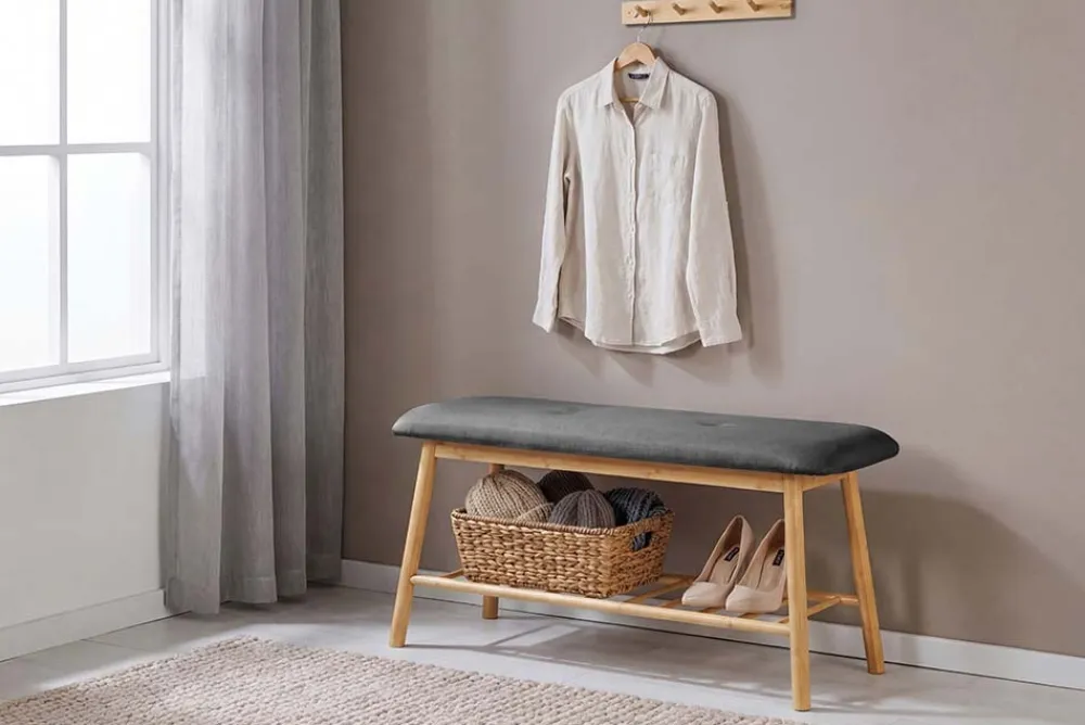 Riess-Ambiente Mehr...|Sitzbänke > Stilvolle Schuhbank ZEN-BO 90cm natur grau Bambus Regal Sitzbank mit Stauraum