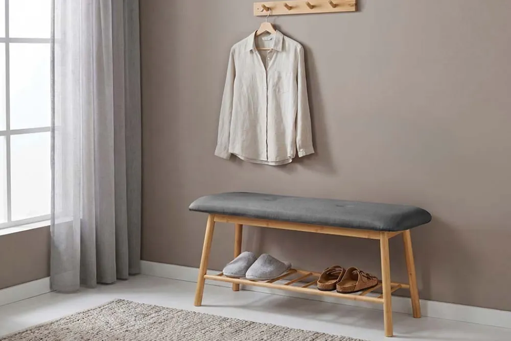 Riess-Ambiente Mehr...|Sitzbänke > Stilvolle Schuhbank ZEN-BO 90cm natur grau Bambus Regal Sitzbank mit Stauraum