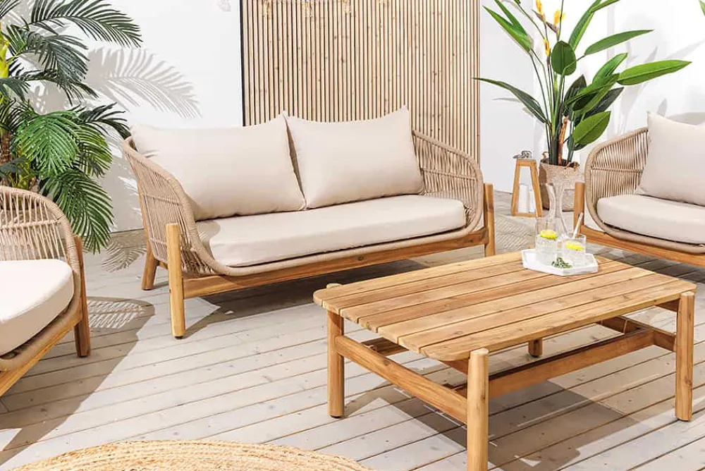 Riess-Ambiente Sitzgruppen > Wetterfestes Gartenlounge Set ROPE natur beige Akazienholz Aluminium inkl. Tisch Sitzpolster