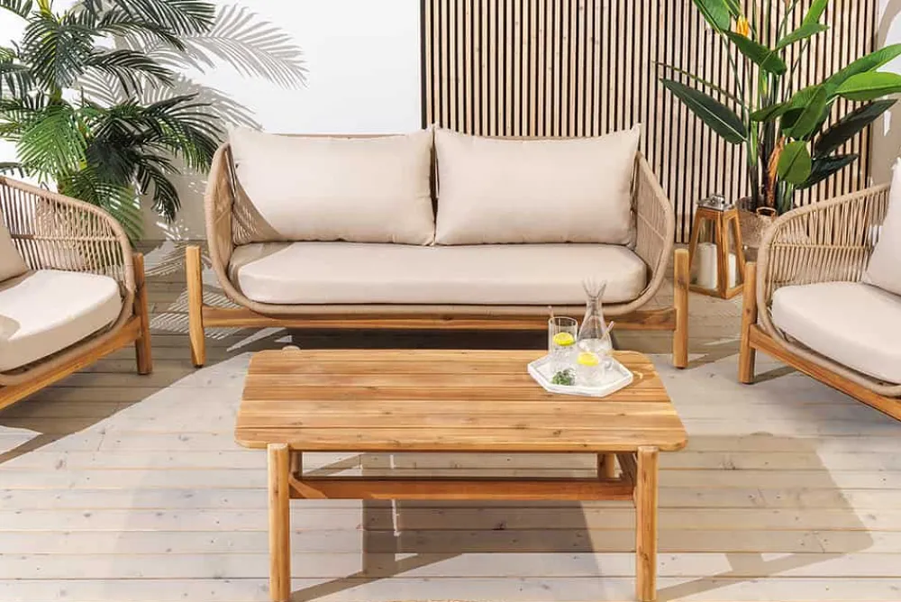 Riess-Ambiente Sitzgruppen > Wetterfestes Gartenlounge Set ROPE natur beige Akazienholz Aluminium inkl. Tisch Sitzpolster