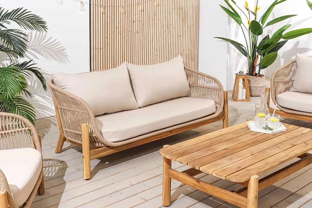 Riess-Ambiente Sitzgruppen > Wetterfestes Gartenlounge Set ROPE natur beige Akazienholz Aluminium inkl. Tisch Sitzpolster