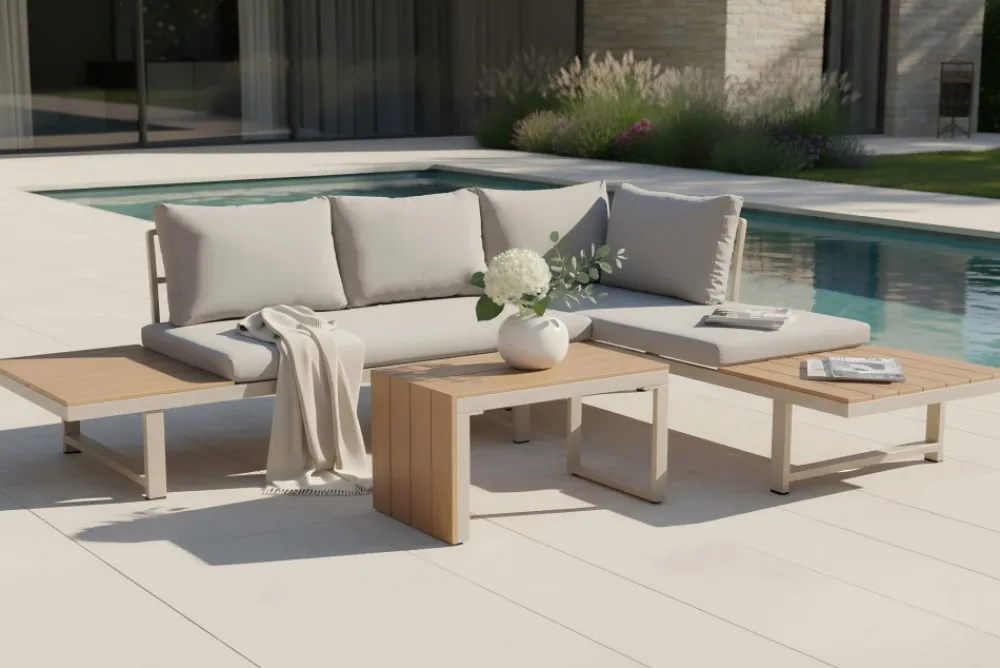 Riess-Ambiente Sitzgruppen > Wetterfestes Gartenmöbel Set IBIZA MODULAR LOUNGE 250cm champagner greige Aluminium