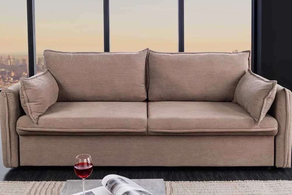 Riess-Ambiente Retro Möbel|3-Sitzer Sofa > XXL Sofa mit Schlaffunktion APARTMENT taupe Cord inkl. Bettkasten und Kissen
