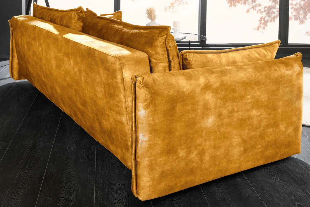 Riess-Ambiente Samt Möbel|Retro Möbel > XXL Sofa mit Schlaffunktion APARTMENT senfgelb Samt inkl. Bettkasten und Kissen