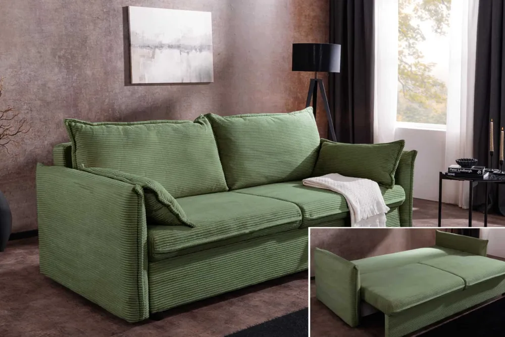 Riess-Ambiente Retro Möbel|3-Sitzer Sofa > XXL Sofa mit Schlaffunktion APARTMENT grün Cord inkl. Bettkasten und Kissen