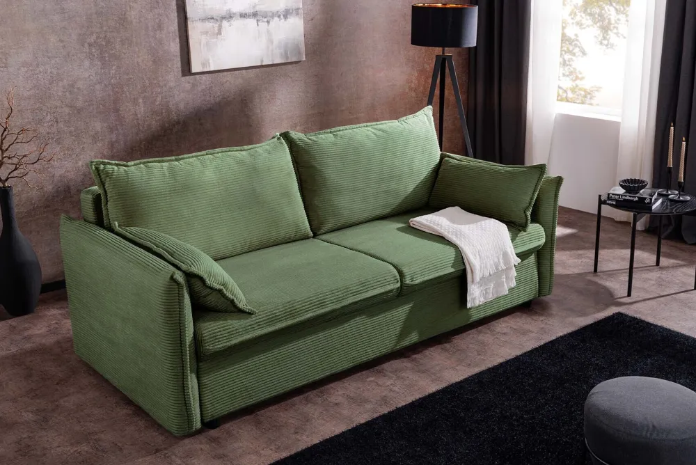 Riess-Ambiente Retro Möbel|3-Sitzer Sofa > XXL Sofa mit Schlaffunktion APARTMENT grün Cord inkl. Bettkasten und Kissen