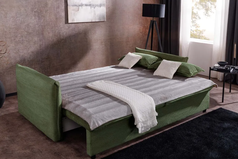 Riess-Ambiente Retro Möbel|3-Sitzer Sofa > XXL Sofa mit Schlaffunktion APARTMENT grün Cord inkl. Bettkasten und Kissen