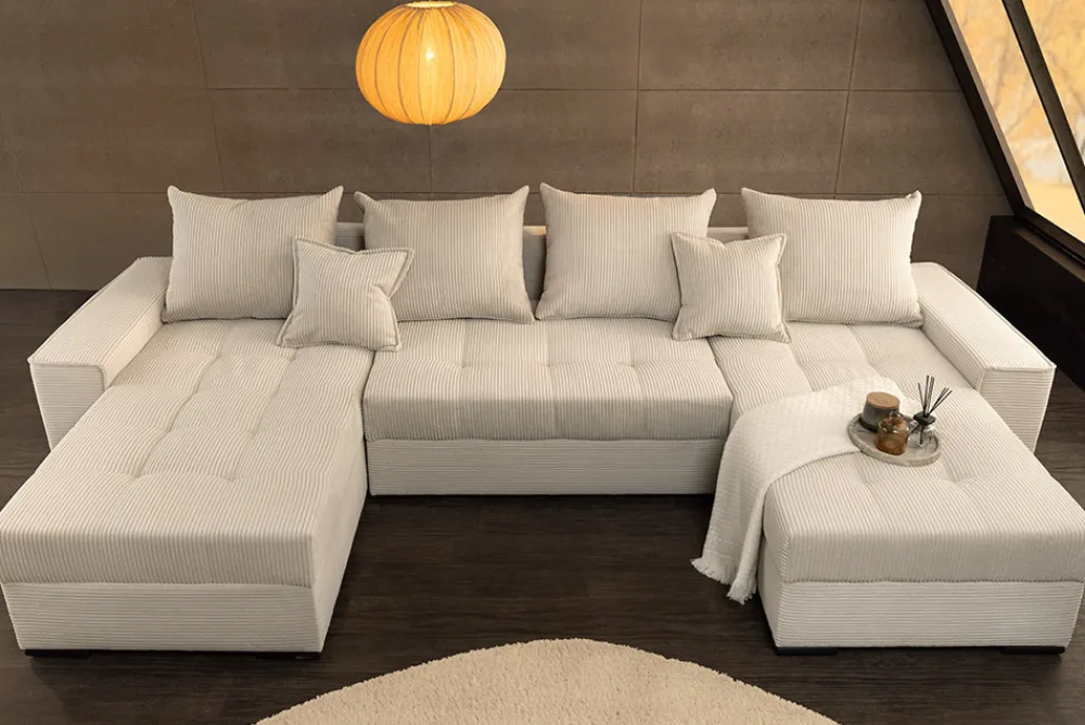 Riess-Ambiente Xxl Sofa > XXL Wohnlandschaft LODGE 315cm champagner beige Cord Sofa mit Schlaffunktion