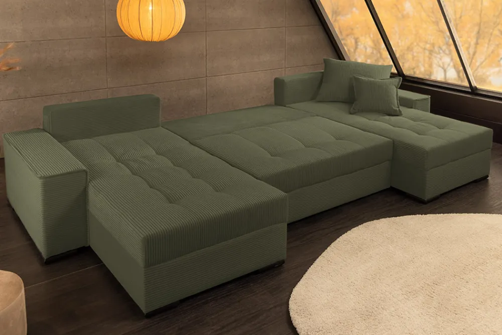 Riess-Ambiente Xxl Sofa > XXL Wohnlandschaft LODGE 315cm grün Cord Sofa mit Schlaffunktion und Stauraum
