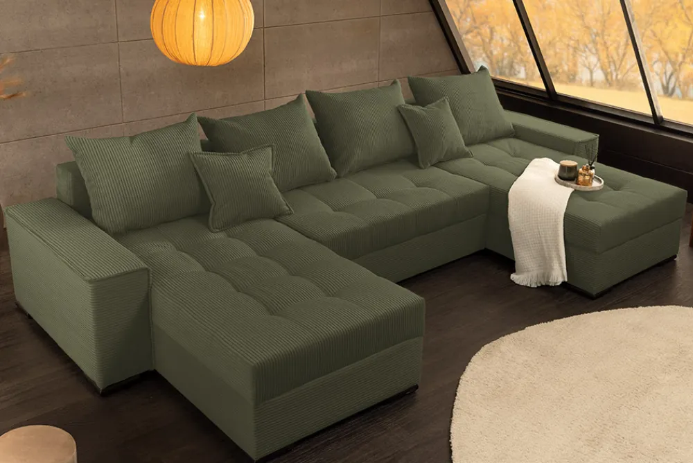 Riess-Ambiente Xxl Sofa > XXL Wohnlandschaft LODGE 315cm grün Cord Sofa mit Schlaffunktion und Stauraum